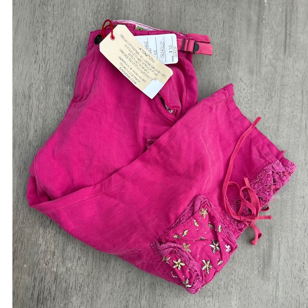 Da-Nang Surplus Indo-Chine Pink Silk Cargo Capri Pants Embroidered Girls XS NWT